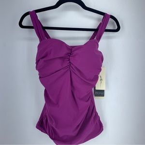 Profile By Gottex Swimsuit 36D Underwire Tankini Top Warm Viola Ruched NEW